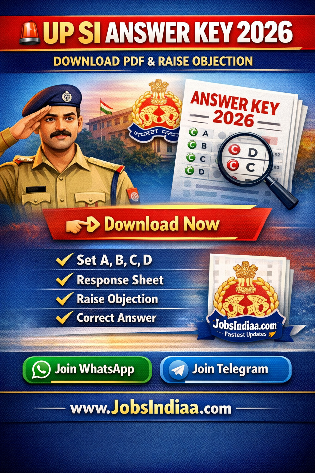 UP SI Answer Key 2026 Download PDF Response Sheet JobsIndiaa
