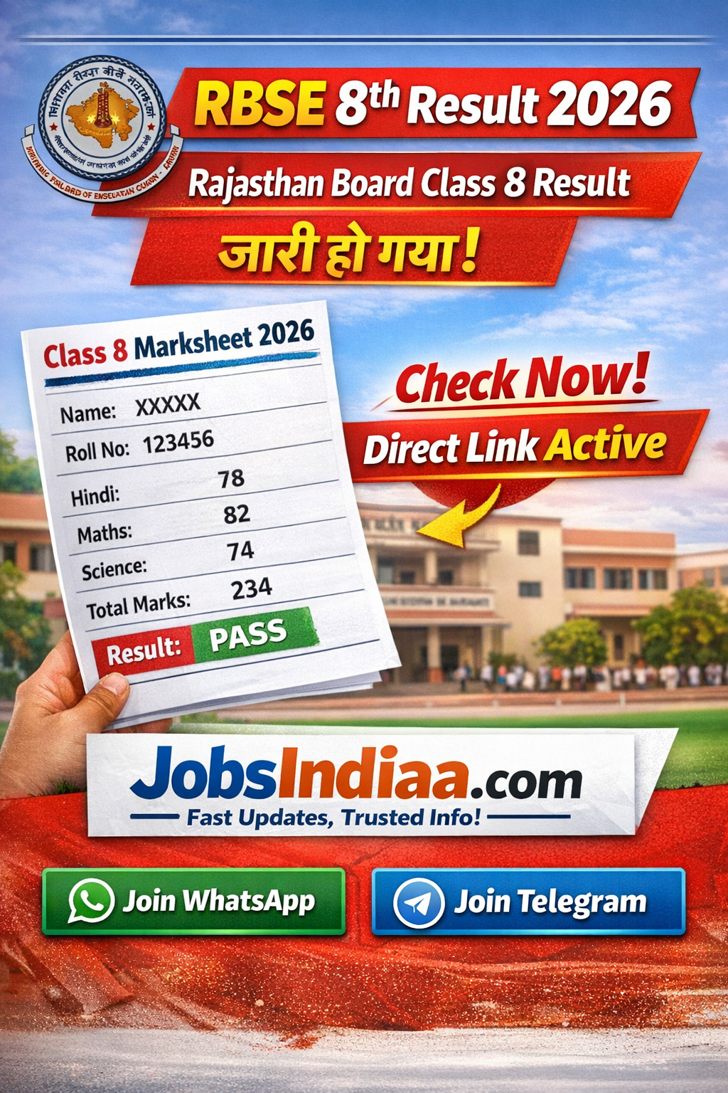 RBSE 8th Result 2026 Download Marksheet Rajasthan Board Result JobsIndiaa