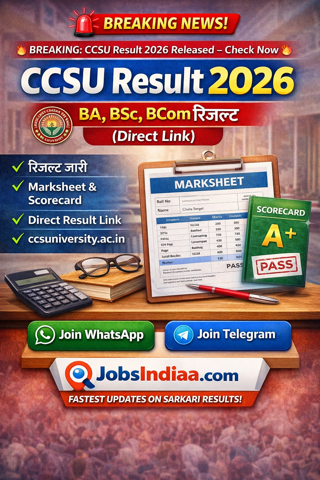 CCSU Result 2026 BA BSc BCom Result Marksheet JobsIndiaa