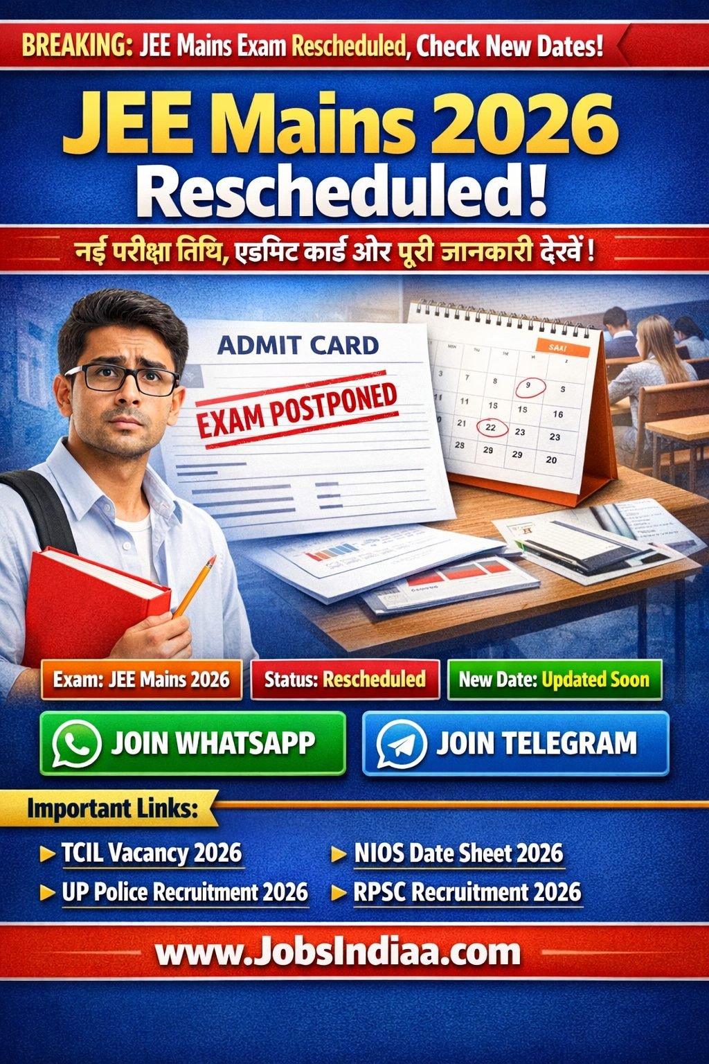 JEE Mains 2026 Exam Rescheduled New Date Admit Card Update JobsIndiaa