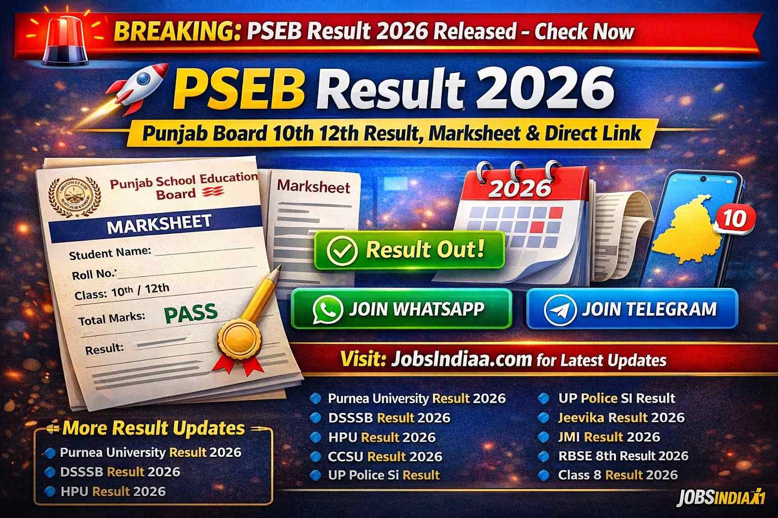 PSEB Result 2026 Download Marksheet Punjab Board 10th 12th Result JobsIndiaa