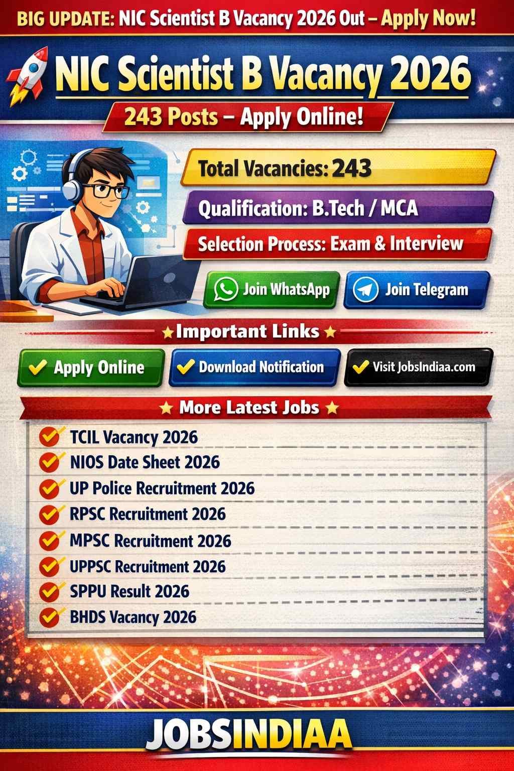 NIC Scientist B Vacancy 2026 Apply Online Govt IT Jobs JobsIndiaa