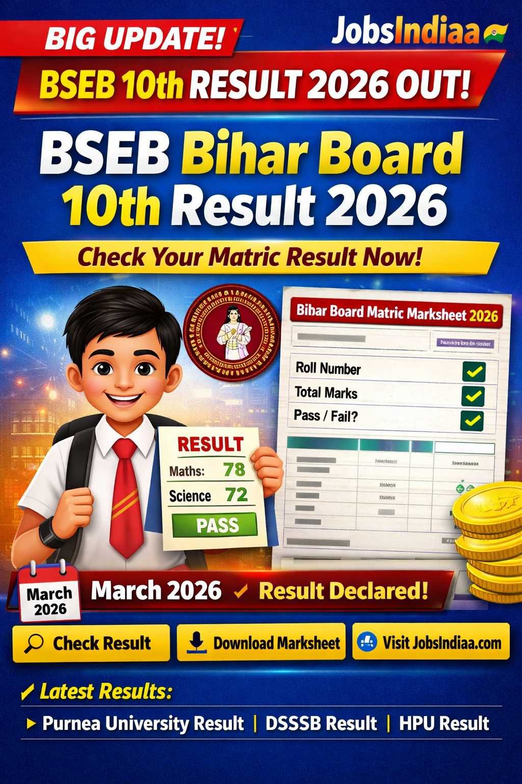 BSEB Bihar Board 10th Result 2026 Download Marksheet Matric Result JobsIndiaa