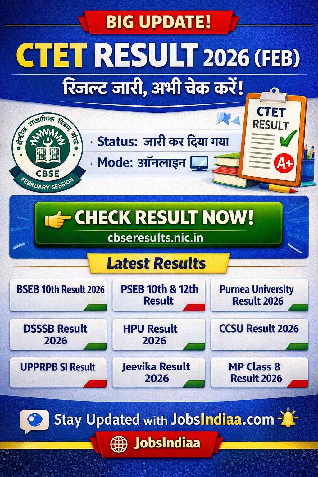 CTET Result 2026 Feb Session Download Scorecard JobsIndiaa