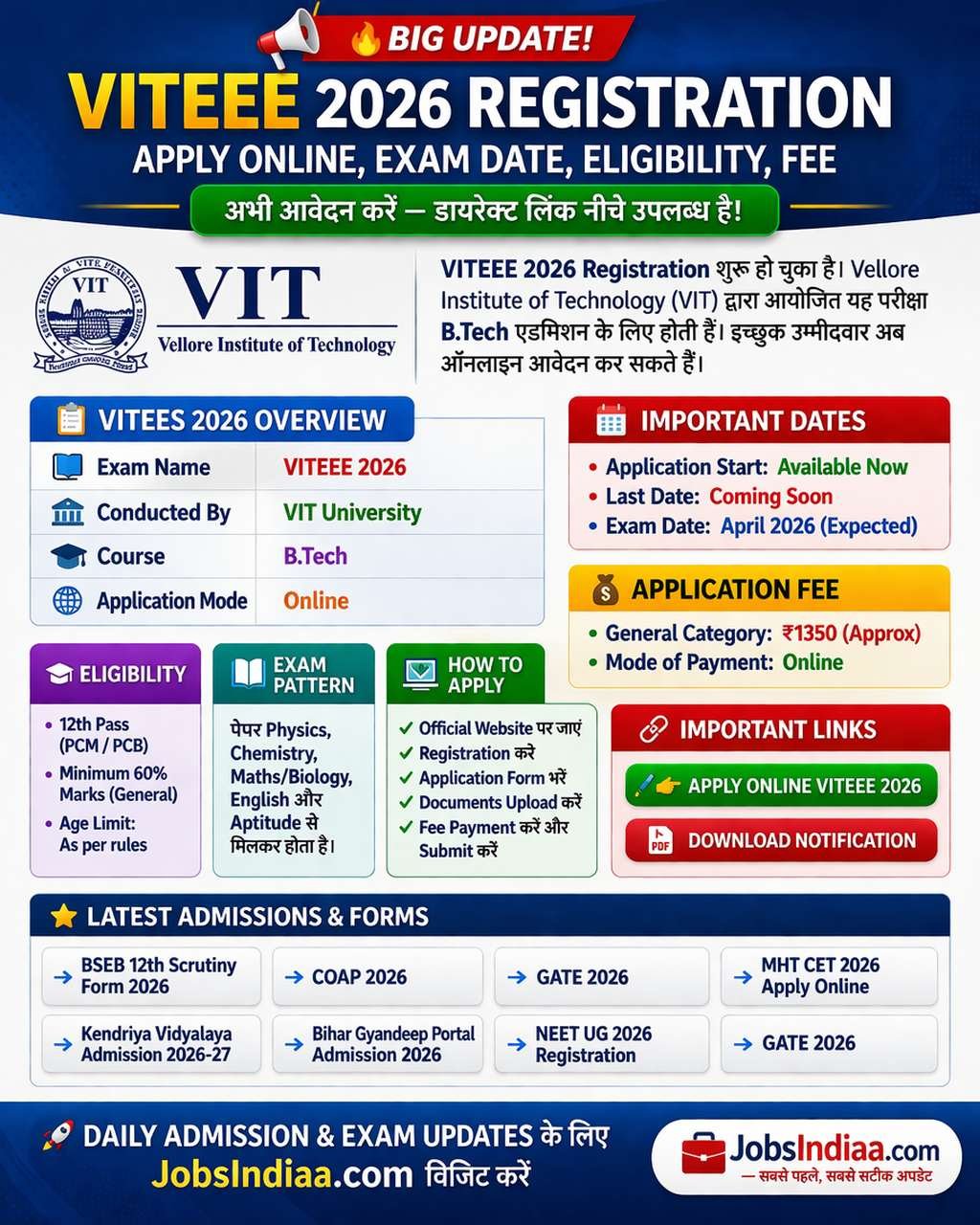 VITEEE 2026 Registration Apply Online Engineering Admission JobsIndiaa
